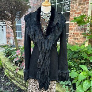 VTG Cache Black Suede Leather Fur Trim Jacket Sz 6